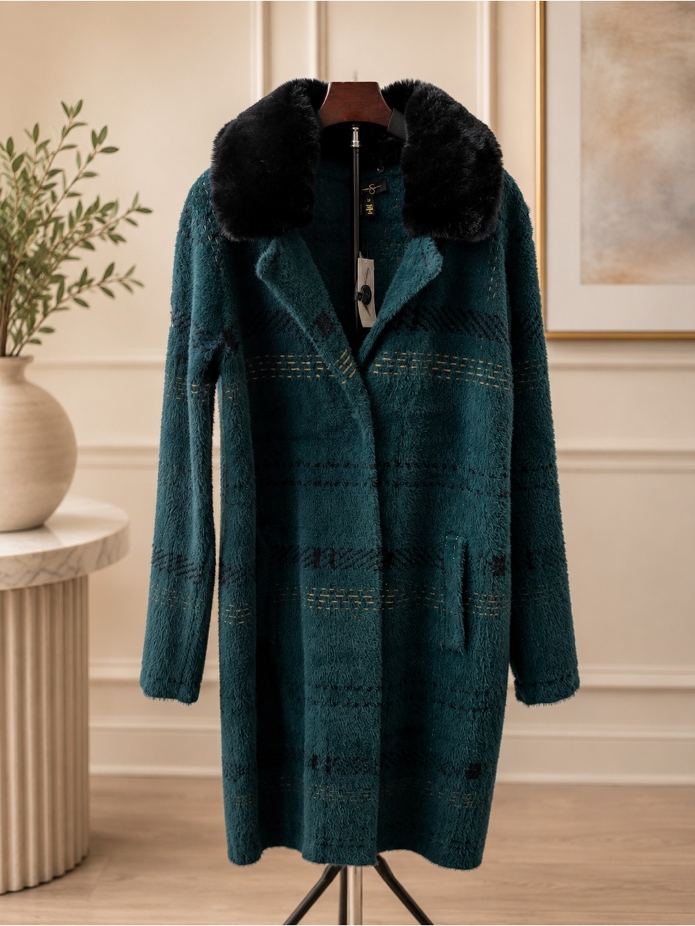 Jessica Simpson Teal Teddy Coat with Black Faux-Fur Collar